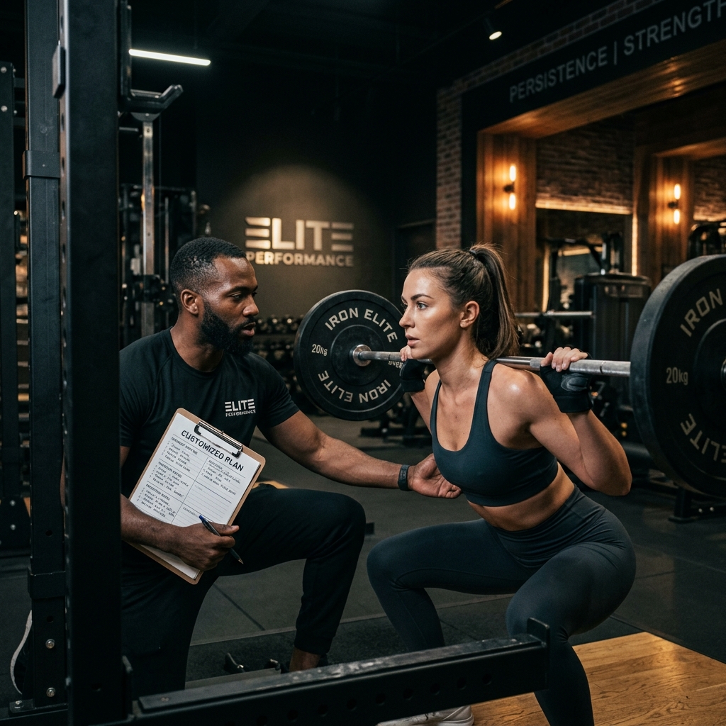 Personal trainer coaching athlete on squat posture and spine alignment