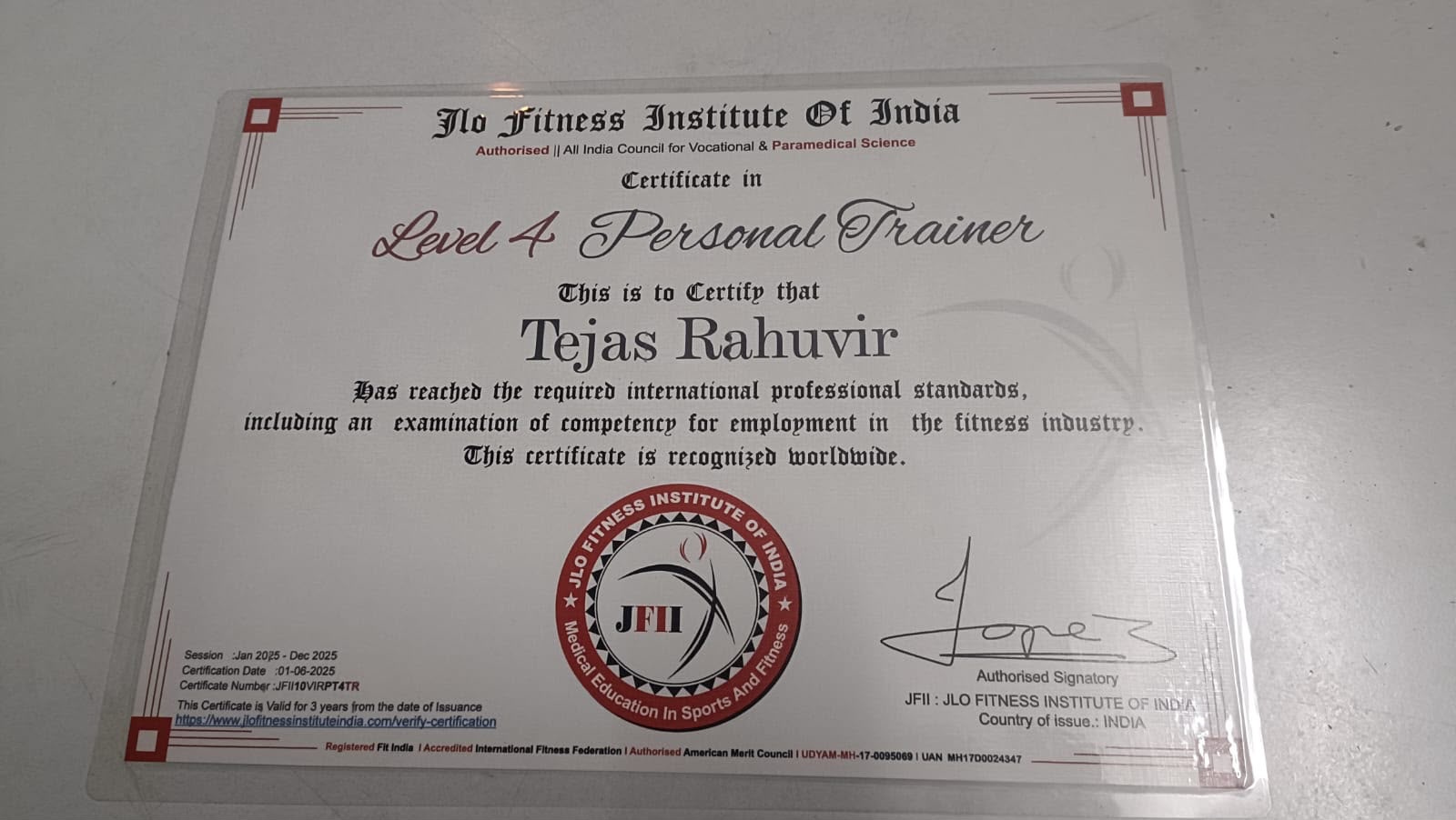 JLO Fitness Certificate - Coach Tejas Raghuvir